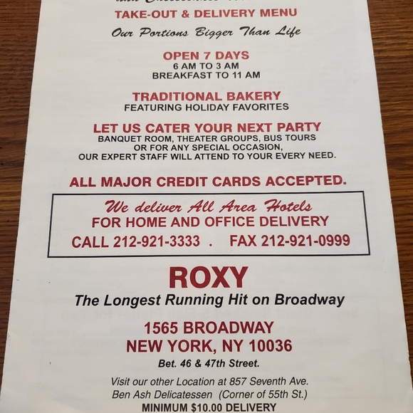 Roxy World Famous Now Closed THE ROXY Delicatessen New York City NYC Menu - Picture 8 of 8
